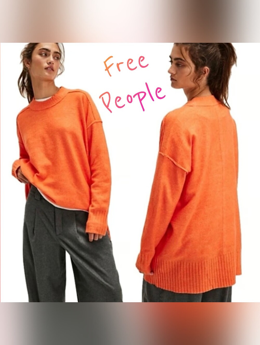Free People Bright Orange Relaxed Crewneck Sweater Oversize Size S NWT